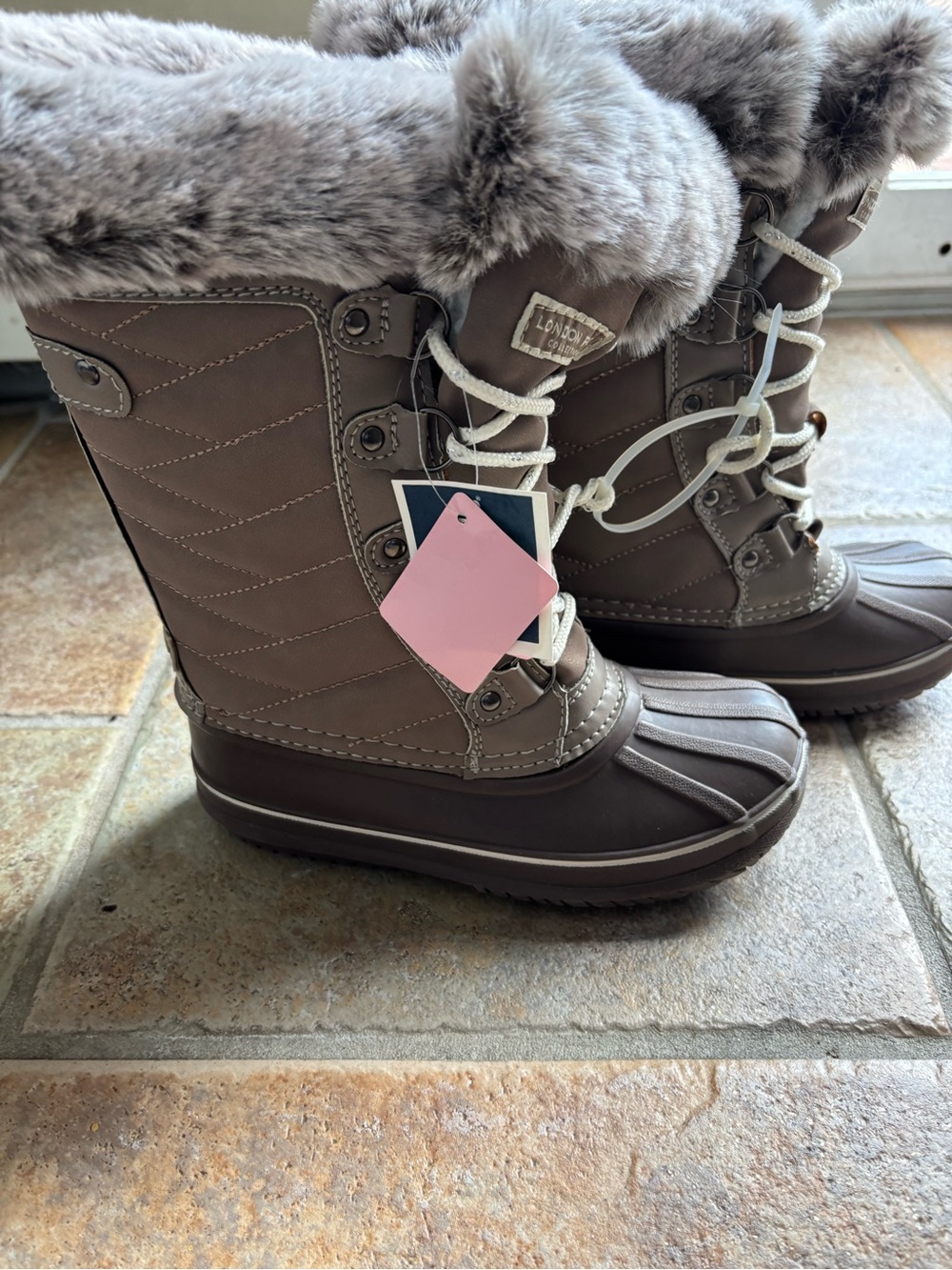London Fog Taupe Faux Fur Lace-Up Winter Boots